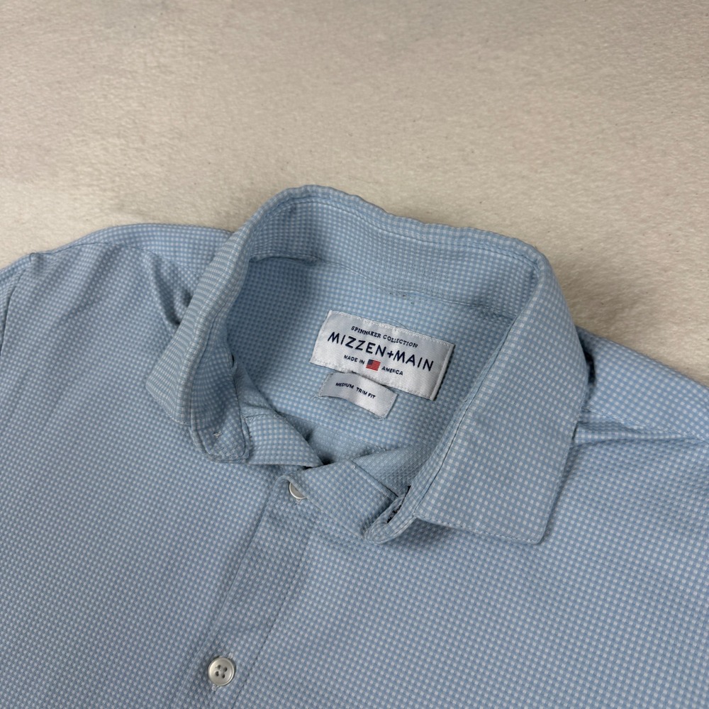 Mizzen+Main Spinnaker Dress Shirt Mens Medium Trim Fit Blue Micro Check 20485